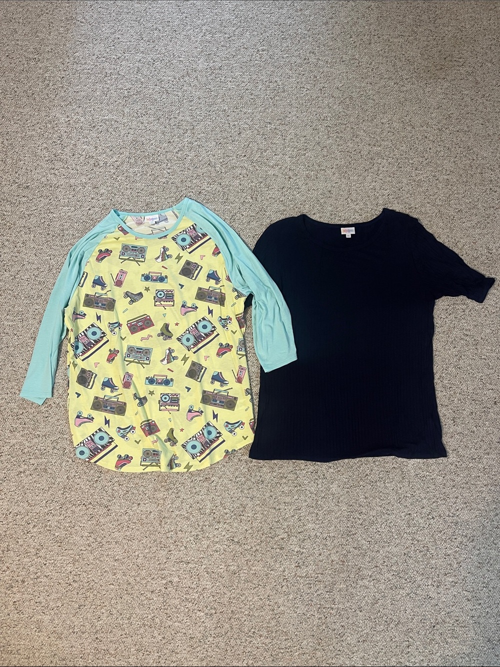 LuLaRoe Women’s Raglan Tee’s Lot Retro Print & Navy Blue